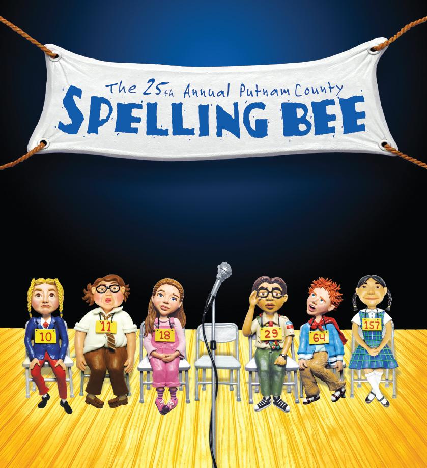The 25th Annual Putnam County Spelling Bee artwork, children sitting on stage in front of a microphone
