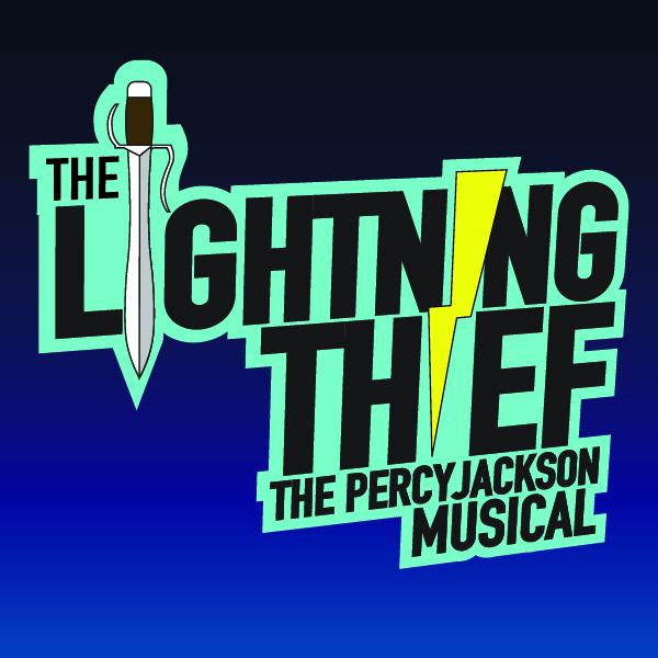 "The Lightning Thief: The Percy Jackson Musical" on a black to blue gradient background. The title is stylized with a sword and lightning bolt going through it.