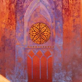 Detail of a painting of what appears to be a cathedral or similar structure. It is purple on an orange background.