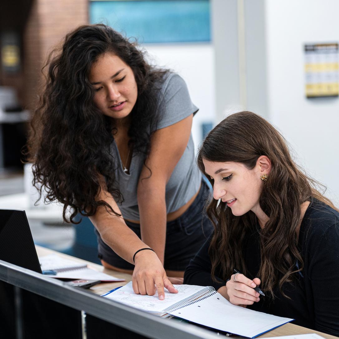 Two female students studying in the library