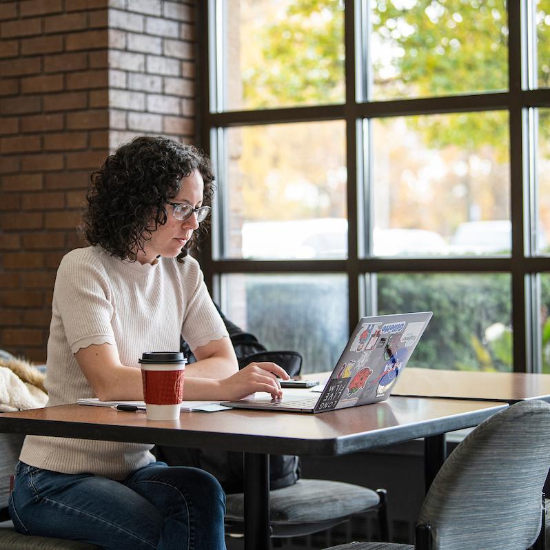 A student works on a laptop.