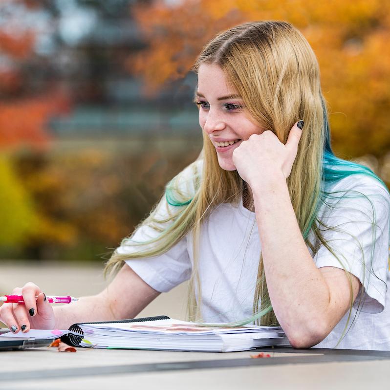 A student studies outside and works on a laptop.