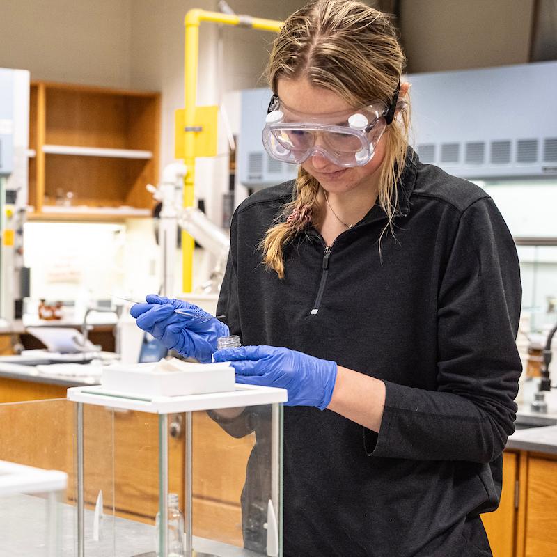 Students wearing safety equipment during a chemistry lab.