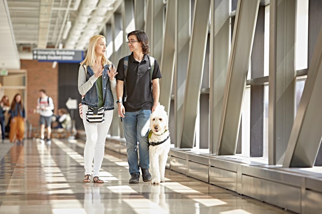Students walking with service animal