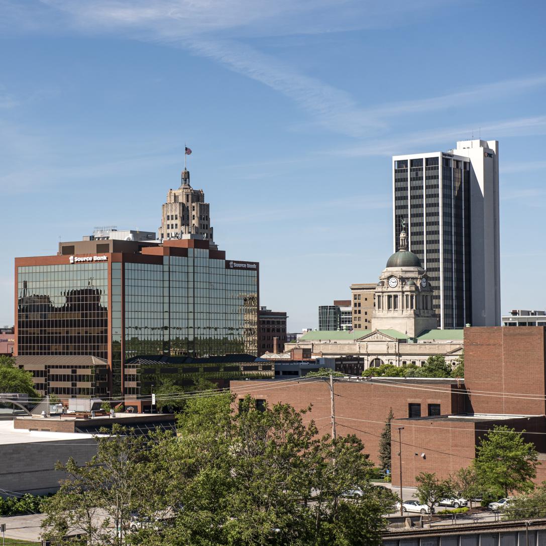 A high view of the downtown Fort Wayne skyline