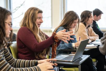Student discusses a topic in ethics class.