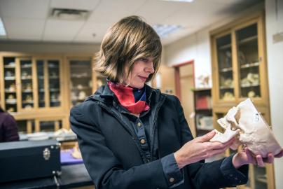 Returning student in the anthropology bone lab.