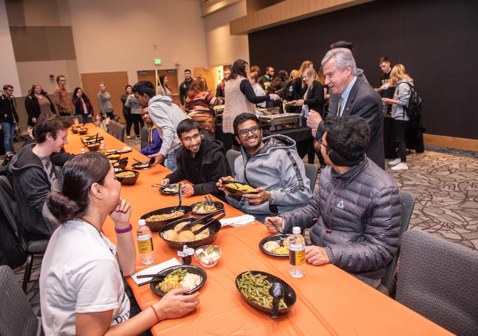 PFW Chancellor Ron Elsenbaumer interacts with students during ThanksStudentsGiving in 2019