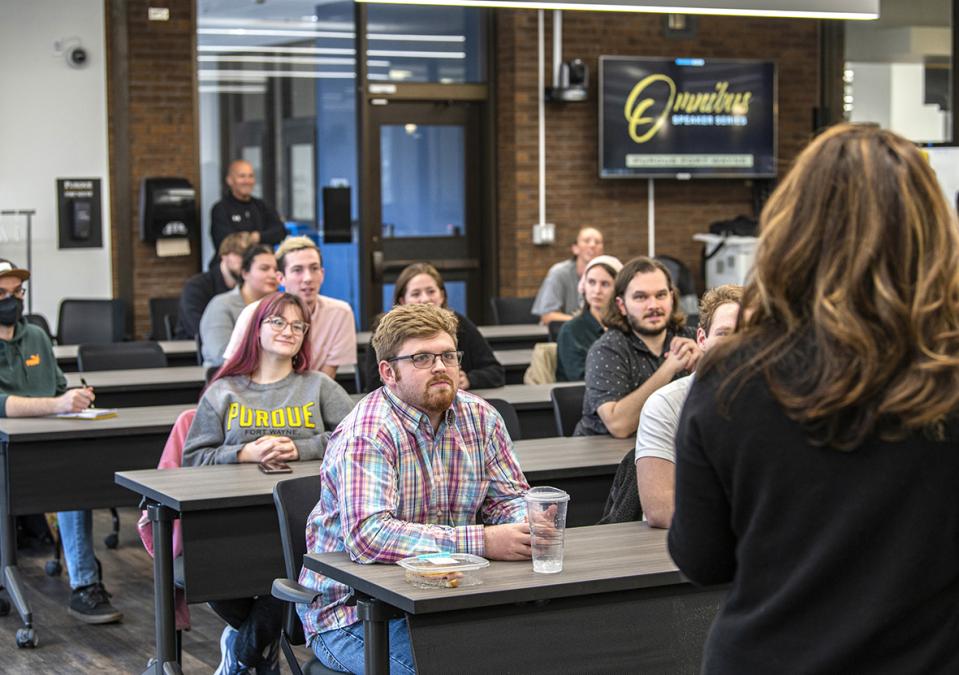 Students listen to Omnibus speaker Monica Lewinsky at a classroom session.