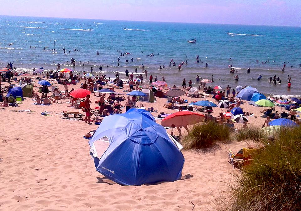 Lake Michigan Beach Scene with beach umbrellas