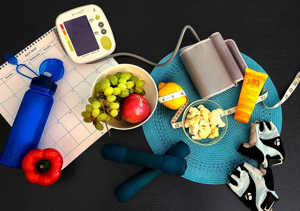 Healthy Habits: Exercise, Hydration, Fruits, Vegetables, Sunscreen, Blood Pressure Cuff