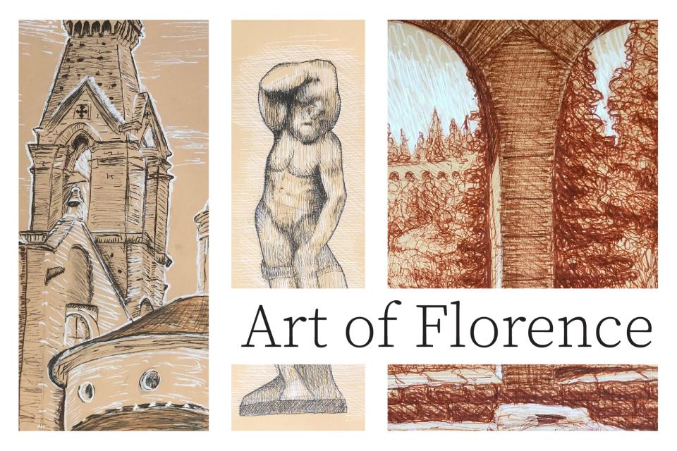 Three artworks in pen depicting architecture and sculpture.