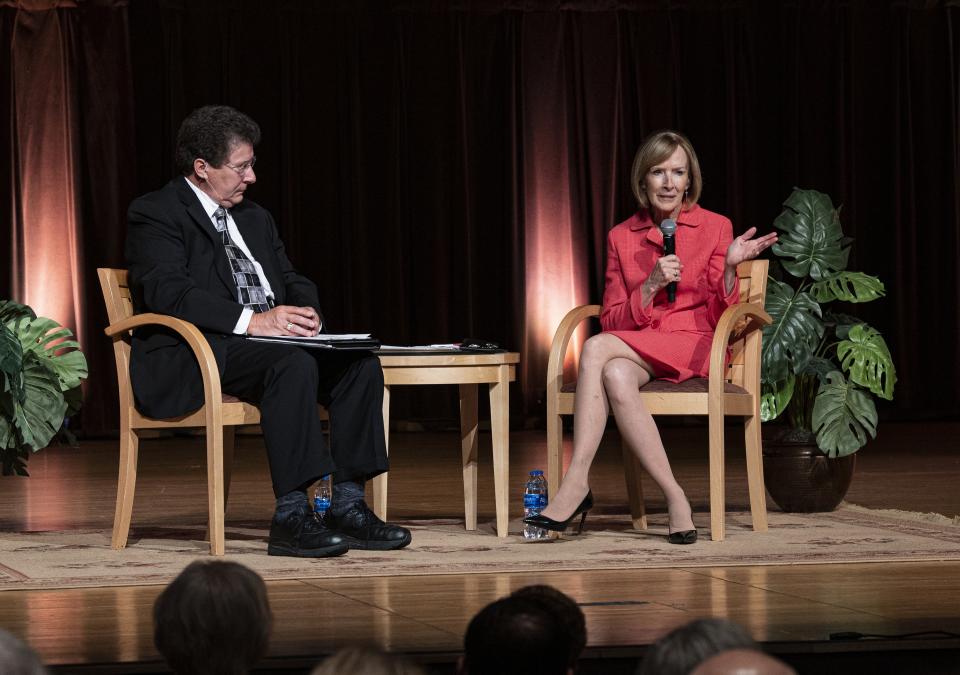 PBS Fort Wayne General Manager Bruce Haines moderates a conversation on stage with trailblazing journalist Judy Woodruff at Purdue Fort Wayne on Sept. 14