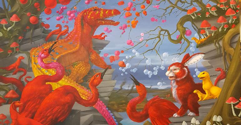 colorful painting with animals and flowers
