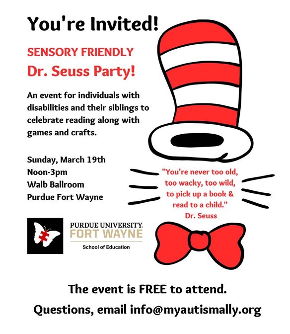 Dr. Seuss Hat and Bow with text "Your Invited! Sensory Friendly Dr Seuss Party! 