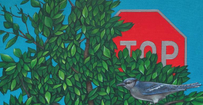 Painting of tree and stop sign