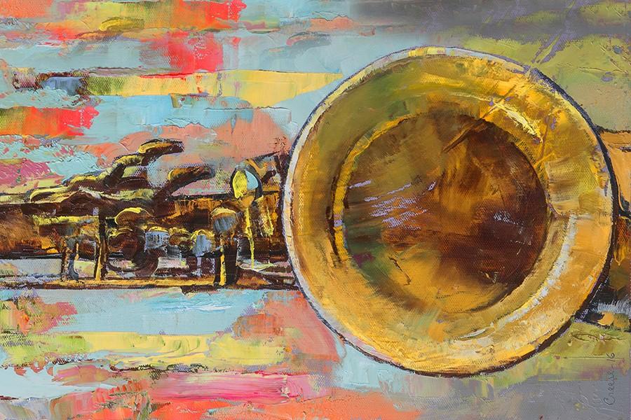 saxophone painting, full of vibrant color