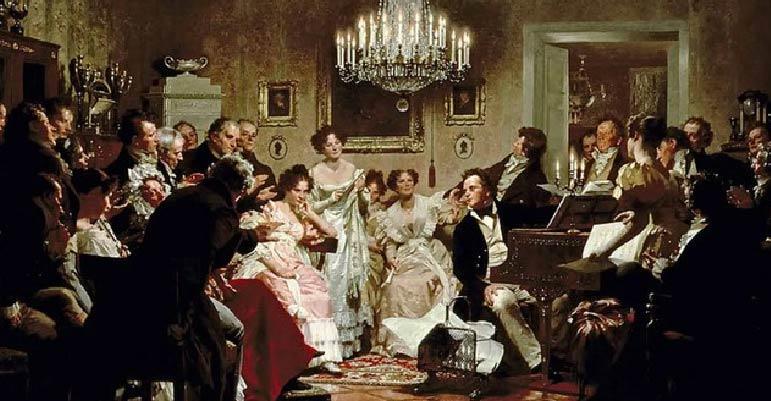 Old painting of people gathered in small room singing