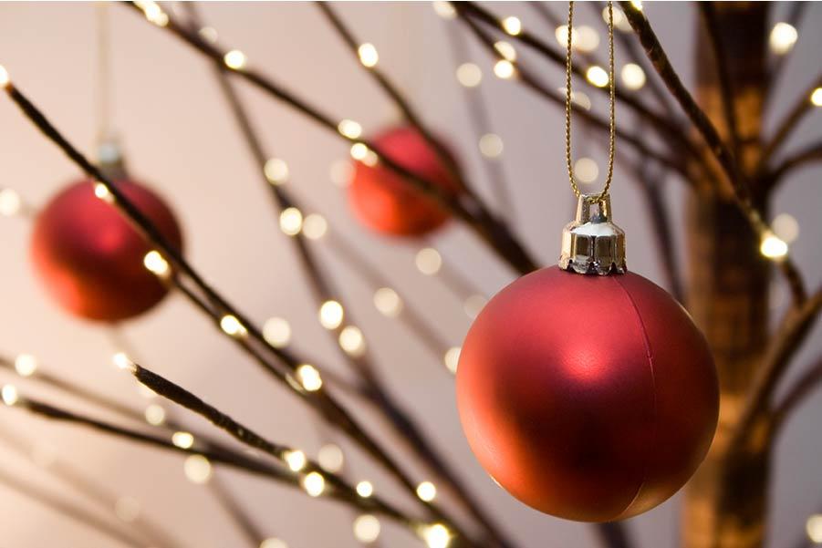 Red christmas ornament hanging on a tree