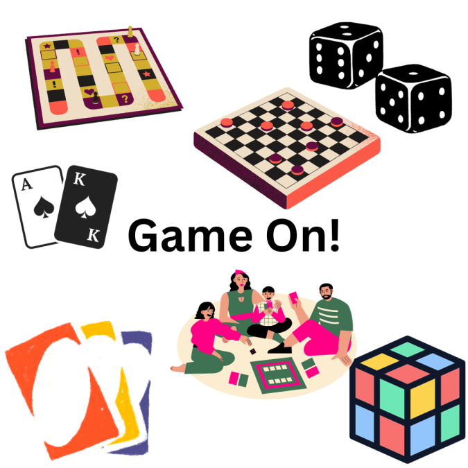 A picture with various types of games on it such as dice, playing cards, uno cards, a rubix cube, and a group of people sitting and playing a game.