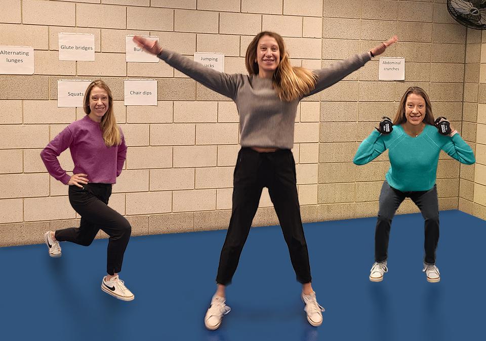 Health coach doing a lunge, jumping jack and squat with weights