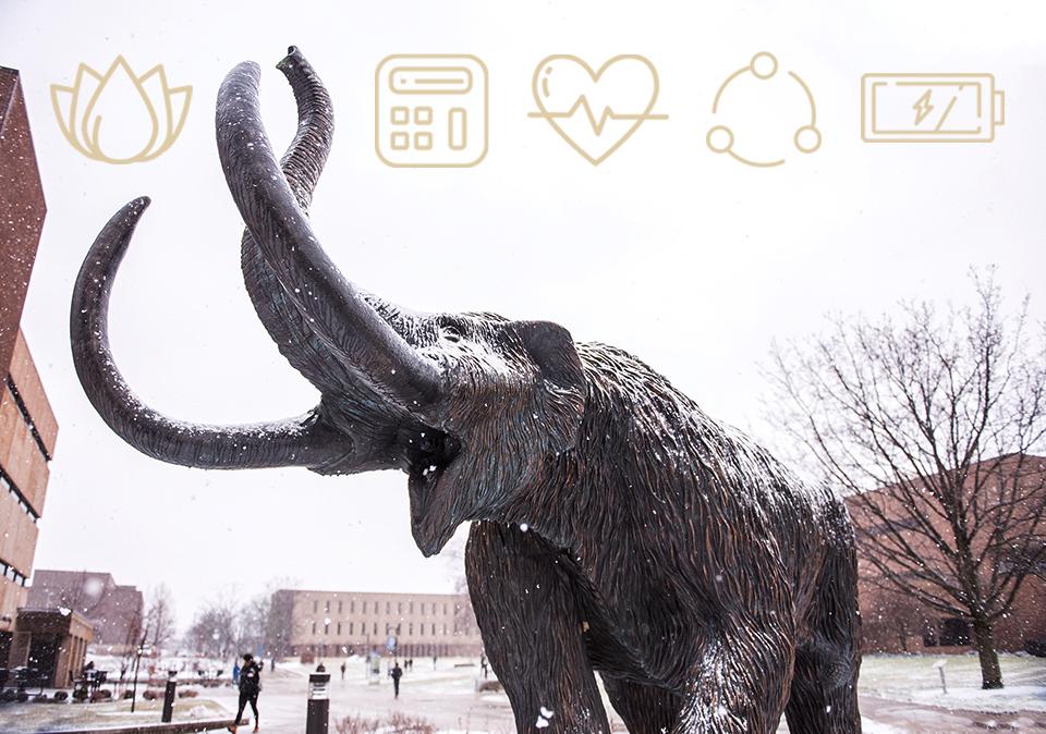 Mastodon sculpture in winter with Healthy Boiler Icons