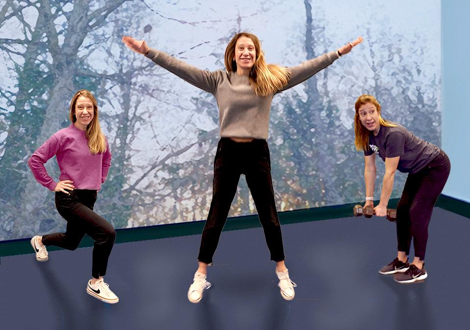 Circuit training exercises: lunge, jumping jacks, and strength training with hand-held wieghts.