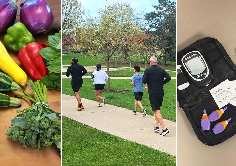 Three panels depicting ways to manage diabetes: healthy fruits and vegetables, daily activity like walking or running, and testing your blood sugar with your glucose meter.