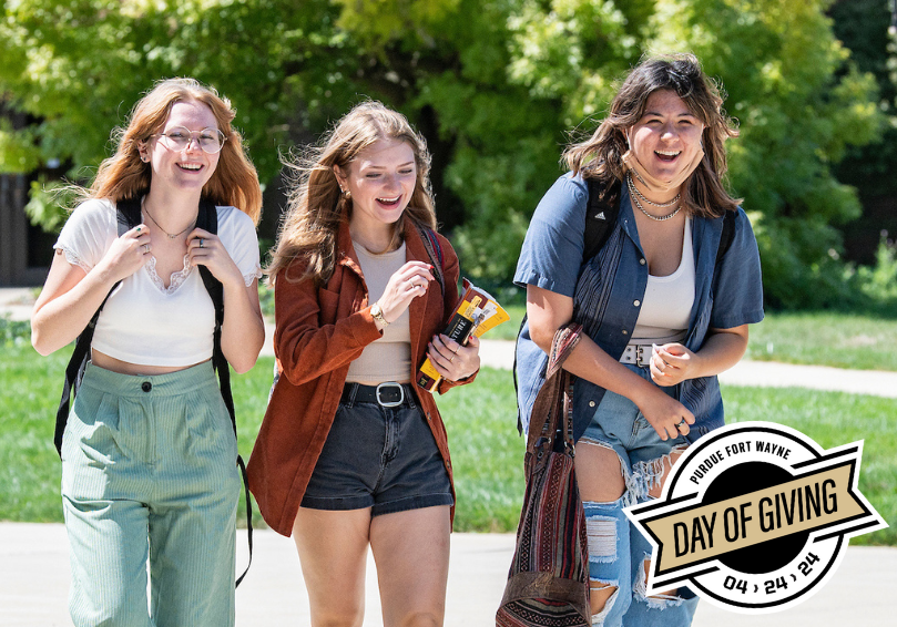 campus photo with 3 students smiling. day of giving 2024 logos included