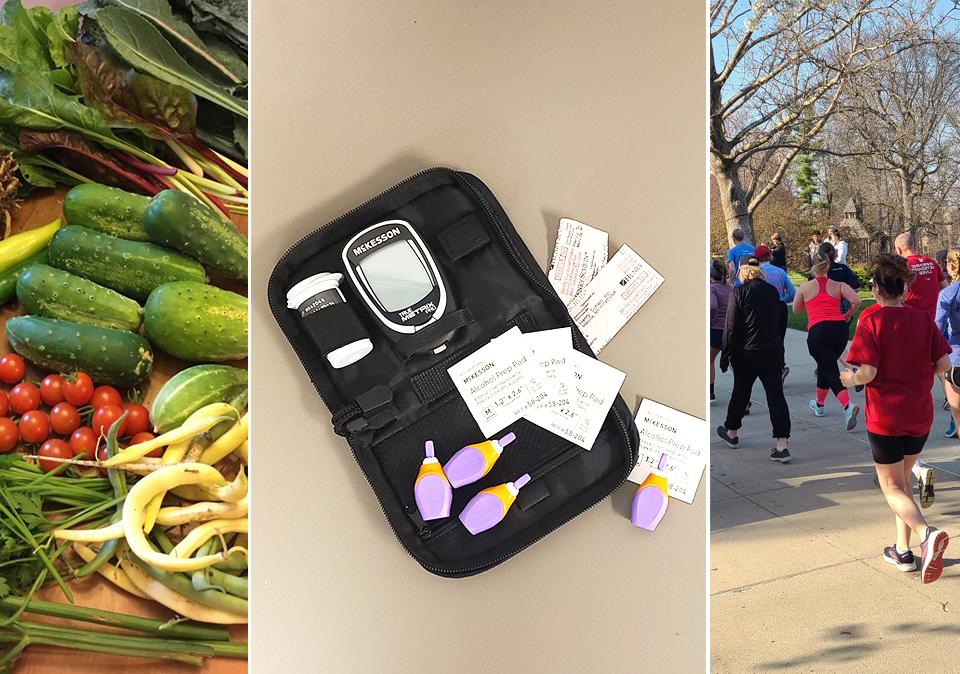 Trio of photos showing vegetables, glucose monitor and supplies, and people running and walking outdoors.
