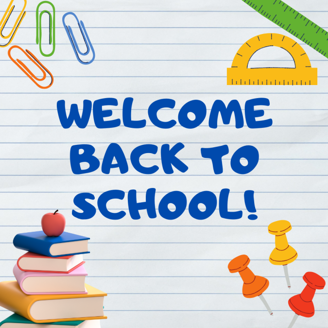 A colorful sign with the words "Welcome Back to school" in blue and books, paperclips, and push pins on the corners