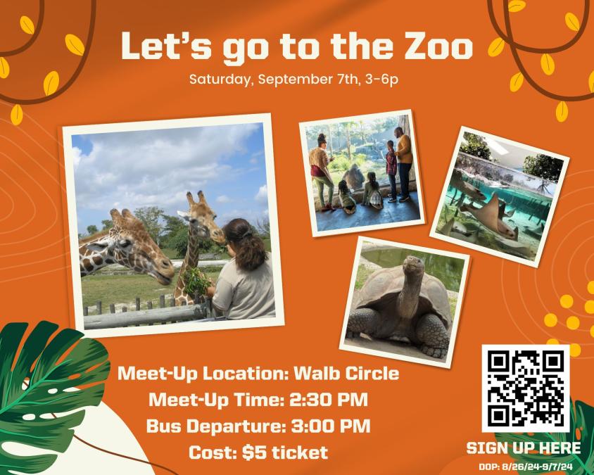Orange background with 4 pictures.  One picture of giraffes, on eof a turtle, one of a stingray, and one of people looking through the glass at an animal.