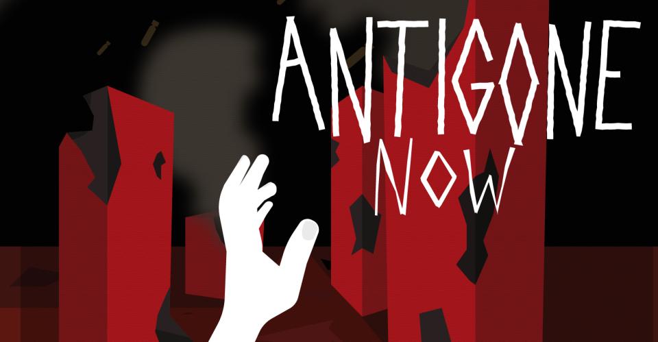 red poster with white hand reaching