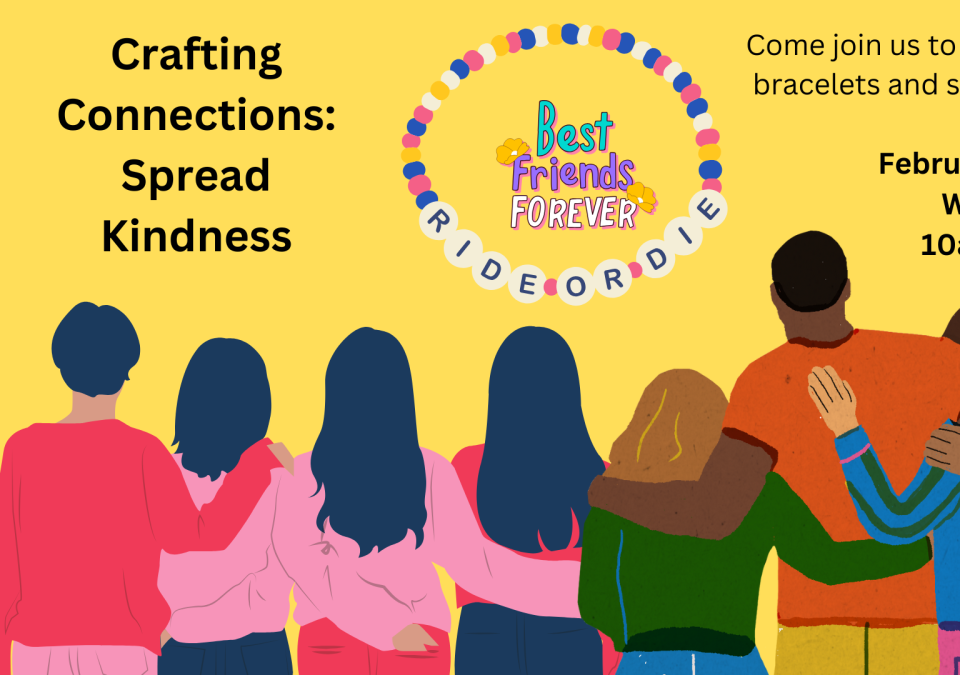 a yellow background with multiple people on the bottom border facing away and having arms on each others shoulders. a friendship bracelet in the middle top area.
