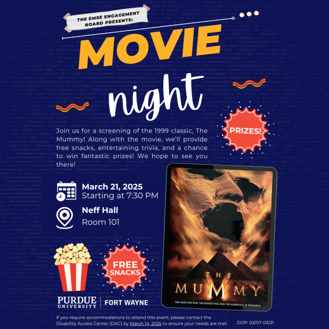 a blue background with large print in the top middle showing movie night. On the bottom right hand corner is the original move poster for the mummy
