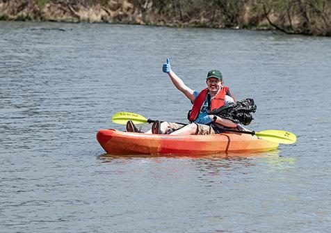 A student is in a kayak