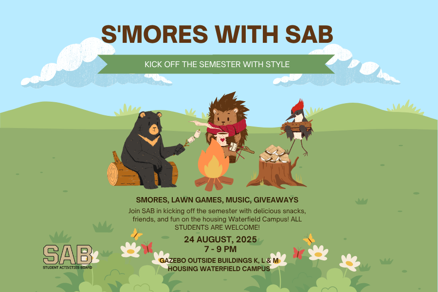 Join SAB in kicking off the semester with delicious snacks, friends, and fun on the housing Waterfield Campus! ALL STUDENTS ARE WELCOME!