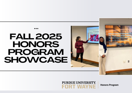 Fall 2025 Honors Program Showcase with three photos of students presenting their projects.