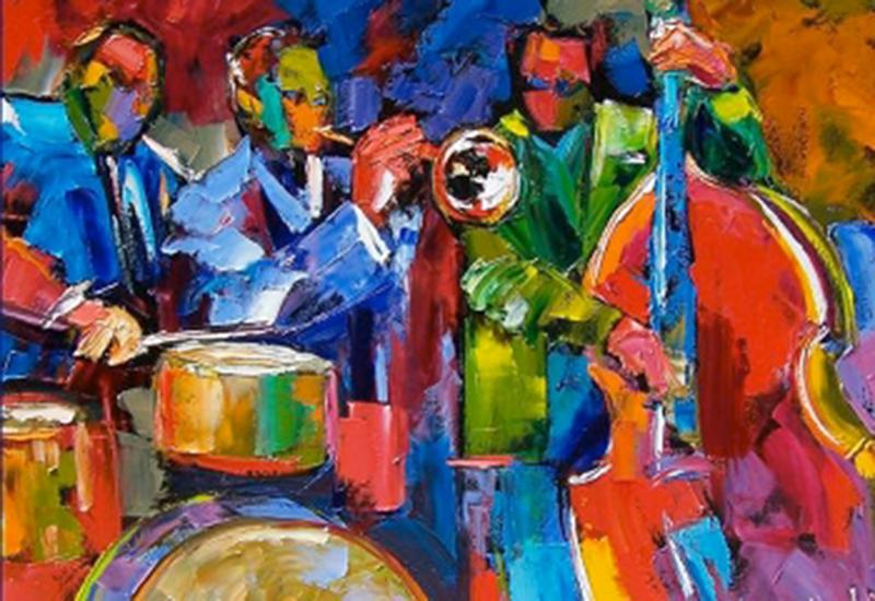 Very colorful painting of jazz trio