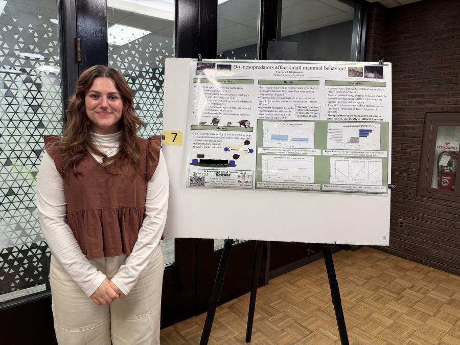 Photo of student in front of Senior Seminar Research Poster
