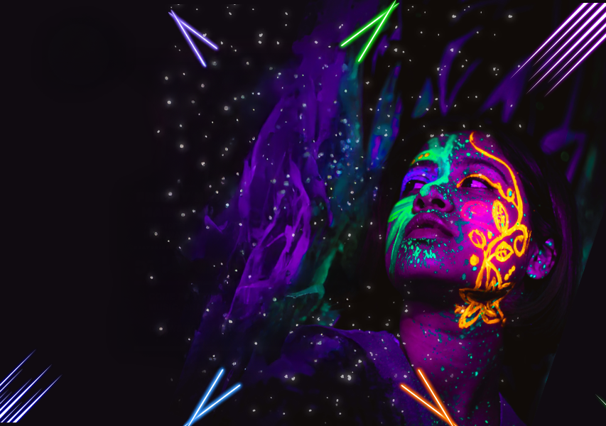 A face covered in bright neon colors