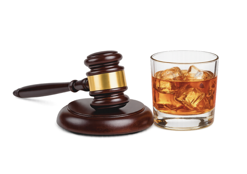 Image of a judge's gavel and an alcoholic drink.
