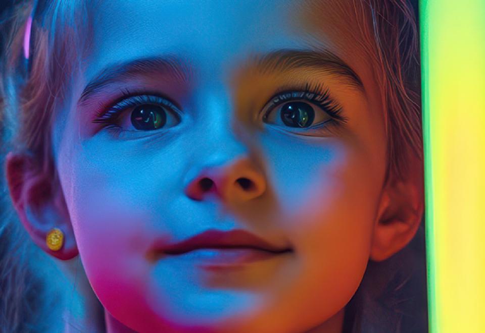 child with colors glowing on face