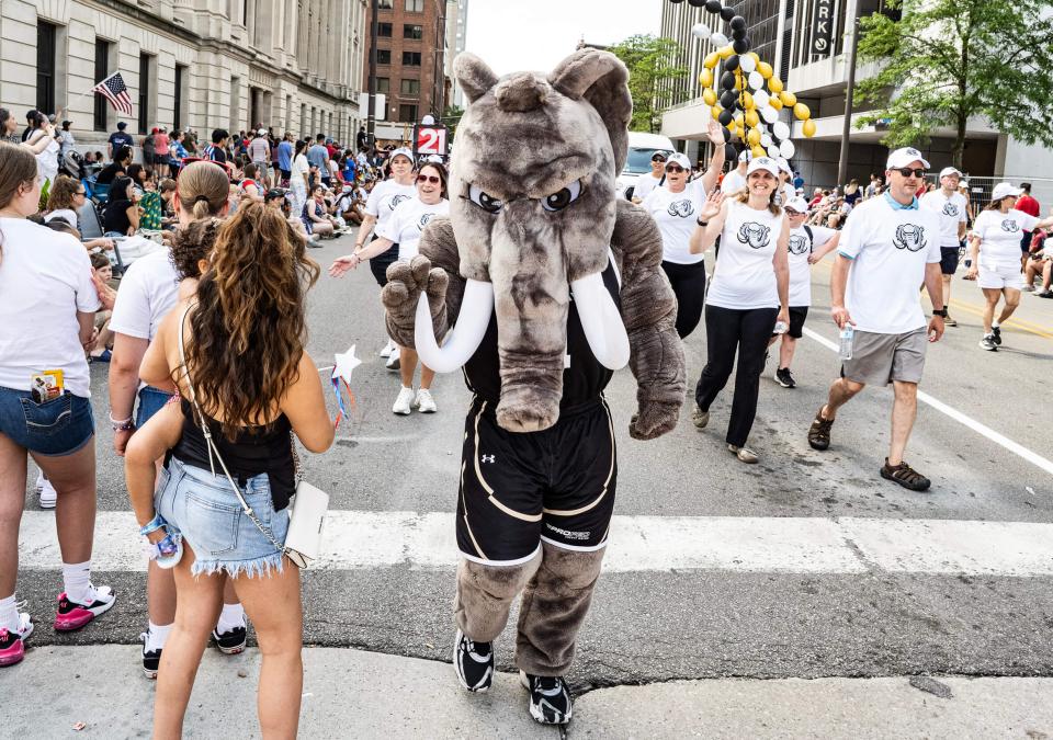Don the mastodon is in front of PFW's parade unit