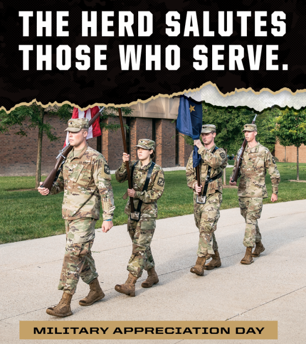 Image of service members carrying a flag. Text that reads the herd salutes those who serve. Military Appreciation Day