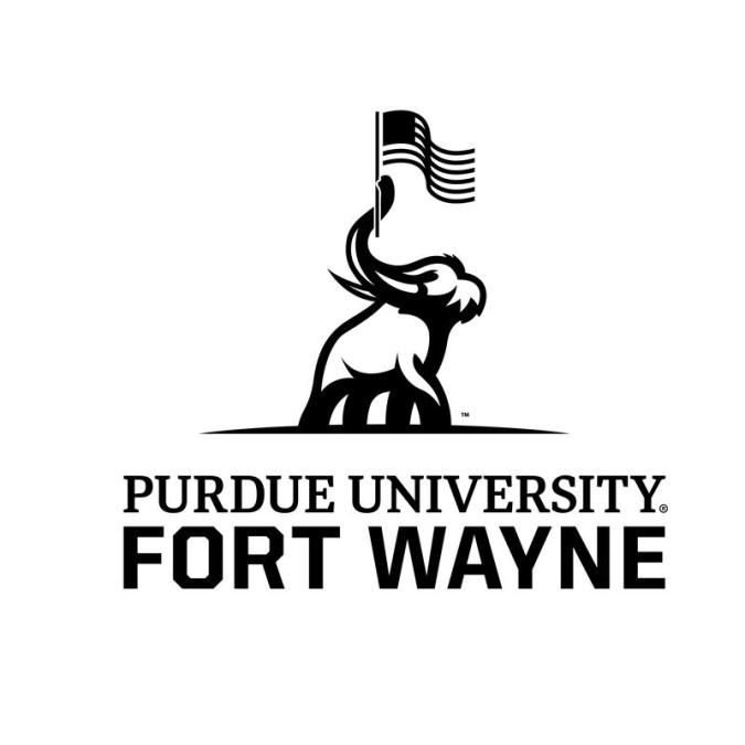 Mastodon holding a flag in his trunk with the words Purdue University Fort Wayne below 