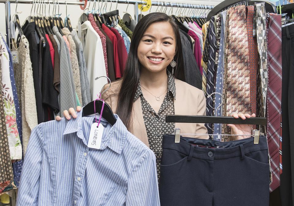 DSB Student Goshorn shows off her Career Closet of business clothes