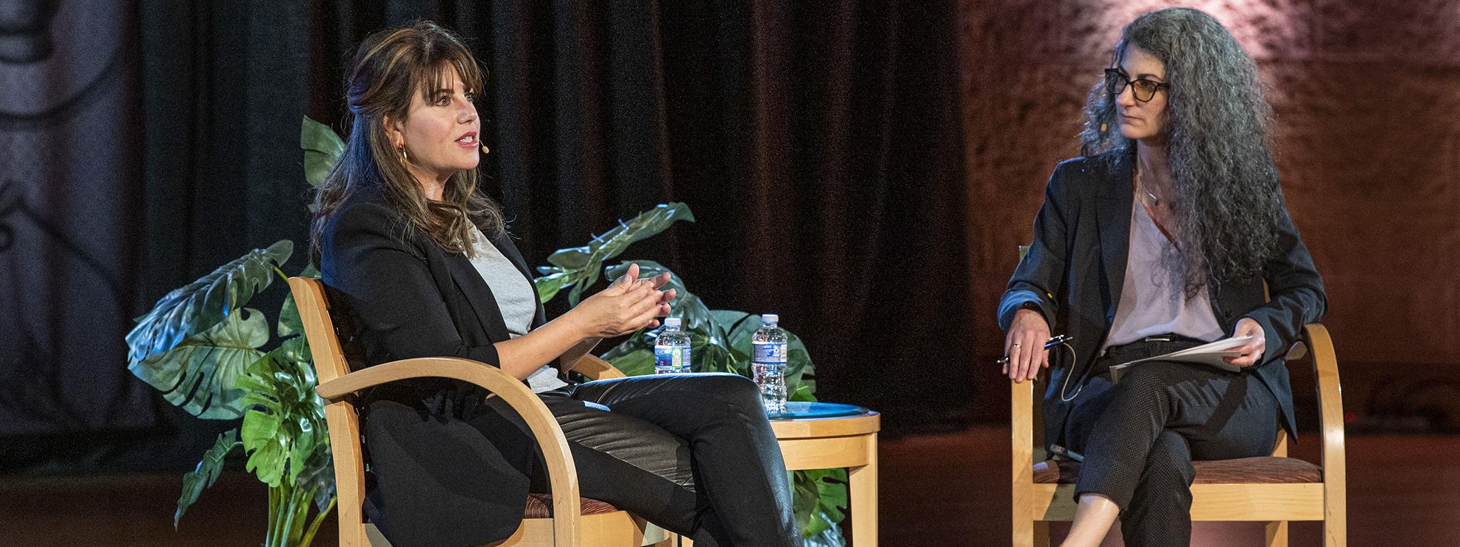 Monica Lewinsky and Janet Badia converse at an Omnibus series lecture.