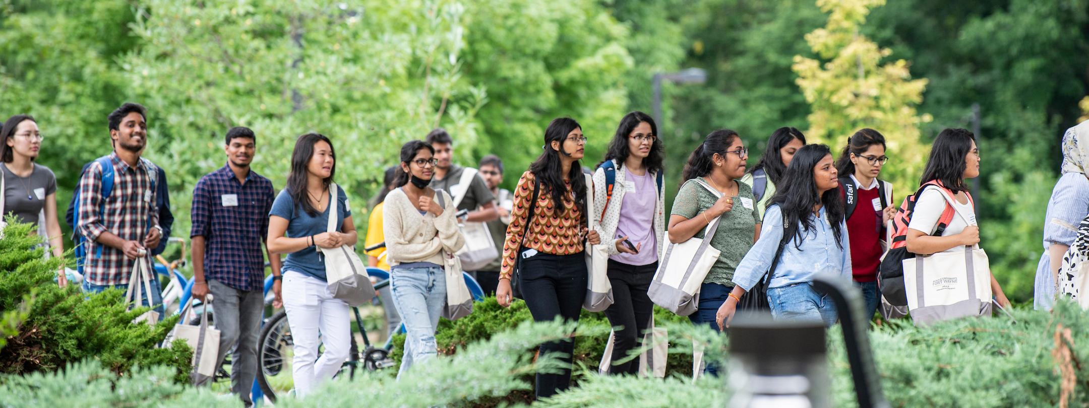 International students on an orientation walk around campus.