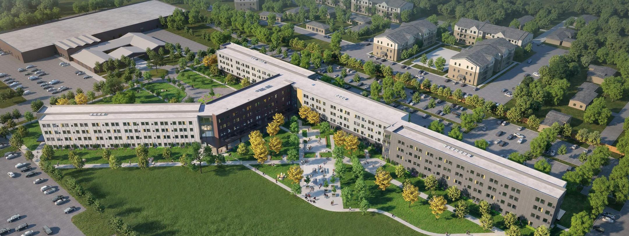 Student housing rendering, aerial view